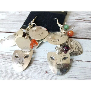 NWT Vintage 1980s Silver-Plated Moon & Mask Dangle Earrings